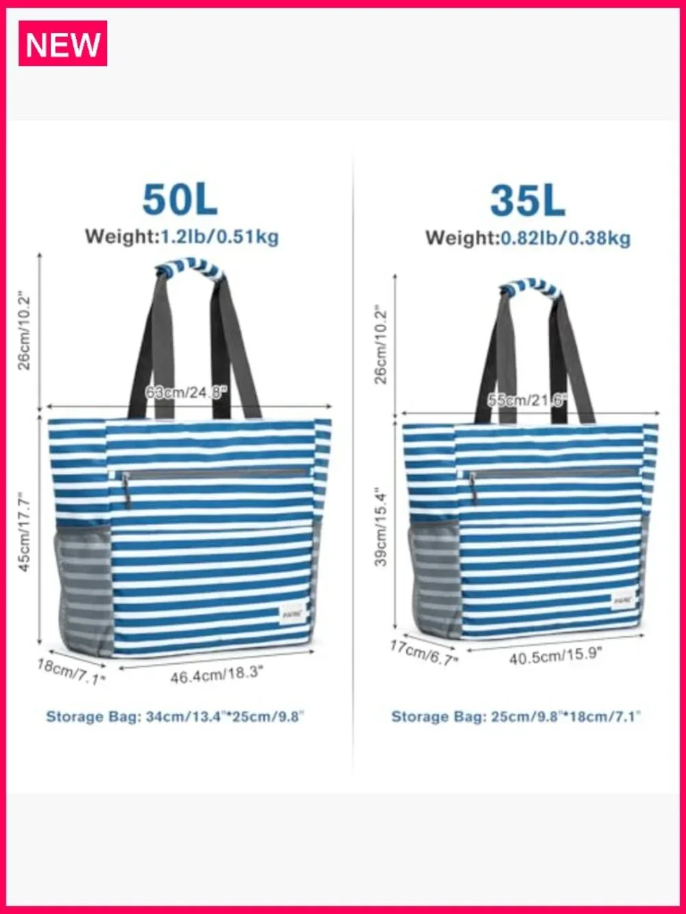 Large Waterproof Beach Tote Foldable Travel Bag with Pockets